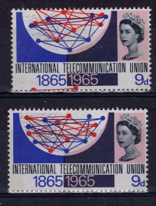 GREAT BRITAIN 1965 `ITU CENT` 9d PHOS UMM WITH VARIETY `MAJOR RED COLOUR SHIFT`. SG 683p VAR.