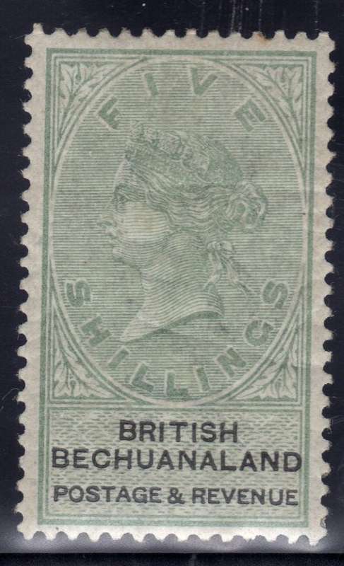 BECHUANALAND 1887 UNAPPROPRIATED DIES 5/- GREEN & BLACK FINE LMM. SACC 18. CAT R3500.