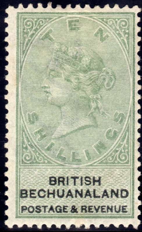 BECHUANALAND 1887 UNAPPROPRIATED DIES 10/- GREEN & BLACK  FINE MOUNTED MINT. SACC 19. CAT R7000.