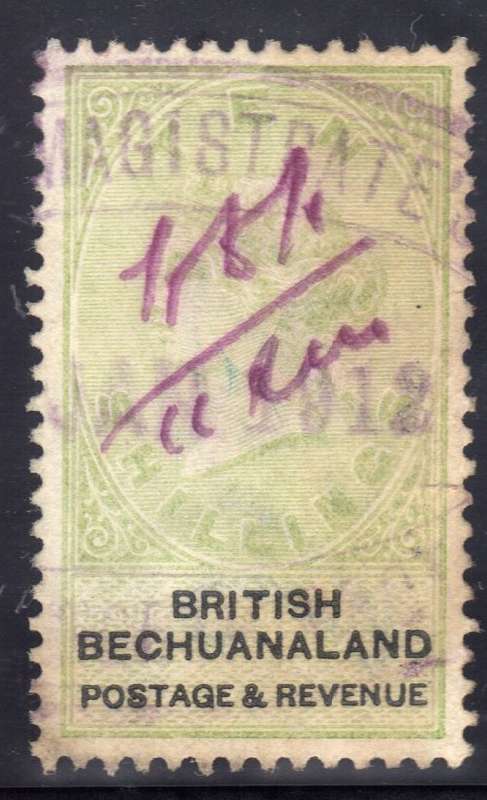 BECHUANALAND 1887 10/- VERY FINE REVENUE USED. SACC 19. (BAREFOOT 12) CAT R10000 POSTALLY USED.