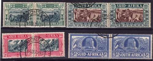 SOUTH AFRICA 1938 VOORTREKKER CENT MEM FUND SET OF 4 PAIRS VERY FINE USED. SACC 75-78. CAT R255.