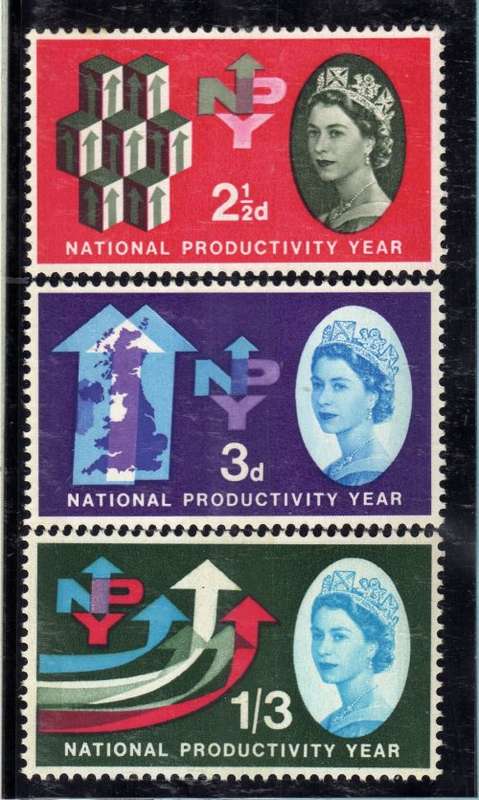 GREAT BRITAIN 1962 "NATIONAL PRODUCTIVITY YEAR" SET OF 3 PHOSPHOR LMM. SG 631p-633p. CAT 35 POUNDS.