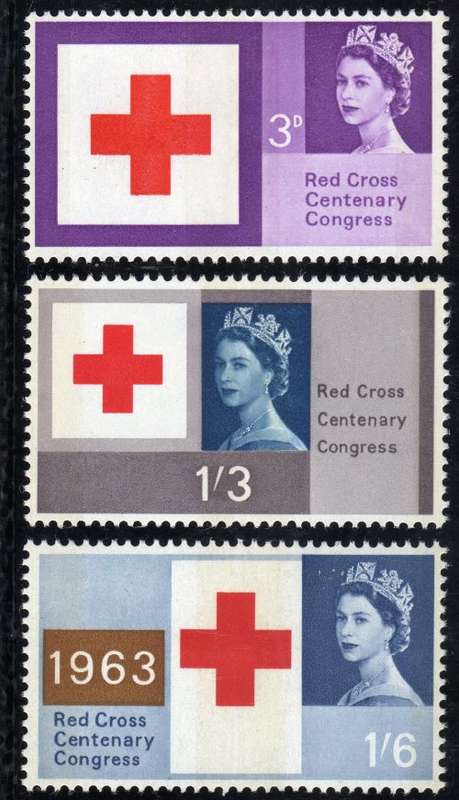 GREAT BRITAIN 1963 "RED CROSS CENT" SET OF 3 PHOSPHOR LMM. SG 642p-644p. CAT 65 POUNDS.