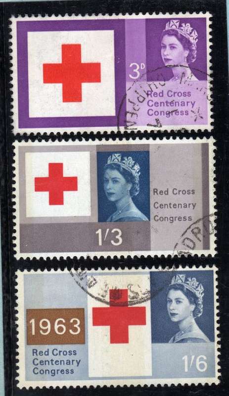 GREAT BRITAIN 1963 "RED CROSS CENT" SET OF 3 PHOSPHOR VFU. SG 642p-644p. CAT 55 POUNDS.