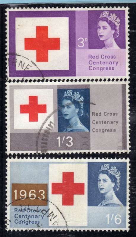 GREAT BRITAIN 1963 "RED CROSS CENT" SET OF 3 ORD VFU. SG 642-644. CAT 5.75 POUNDS.