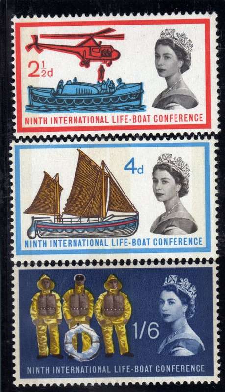 GREAT BRITAIN 1963 "LIFE BOAT CONFERENCE" SET OF 3 PHOSPHOR LMM. SG 639p-641p. CAT 48 POUNDS.