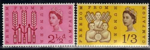 GREAT BRITAIN 1963 "FREEDOM FROM HUNGER" SET OF 2 PHOSPHOR LMM. SG 634p-635p. CAT 30 POUNDS.