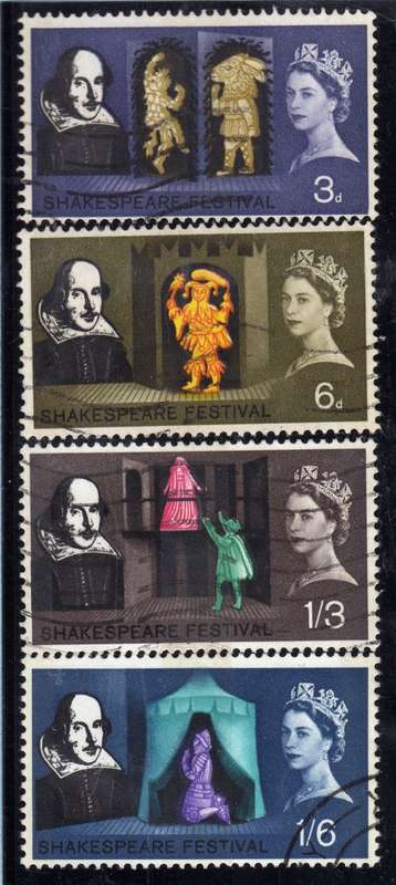 GREAT BRITAIN 1964 "SHAKESPEARE FESTIVAL" PHOSPHOR SET OF 4 VFU. SG 646p-649p. CAT 14 POUNDS.