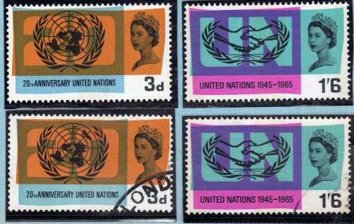 GREAT BRITAIN 1965 "20TH ANNIV OF UNO & INT COOP YR" 2 PHOS SETS OF 2. SG 681p-682p. CAT 6.30 POUNDS