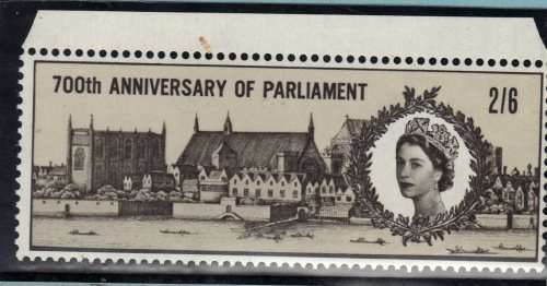GREAT BRITAIN 1965 "700TH ANNIV OF SIMON DE MONTFORT'S PARLIAMENT" 2/6d INVERTED WMK UNMOUNTED MINT.