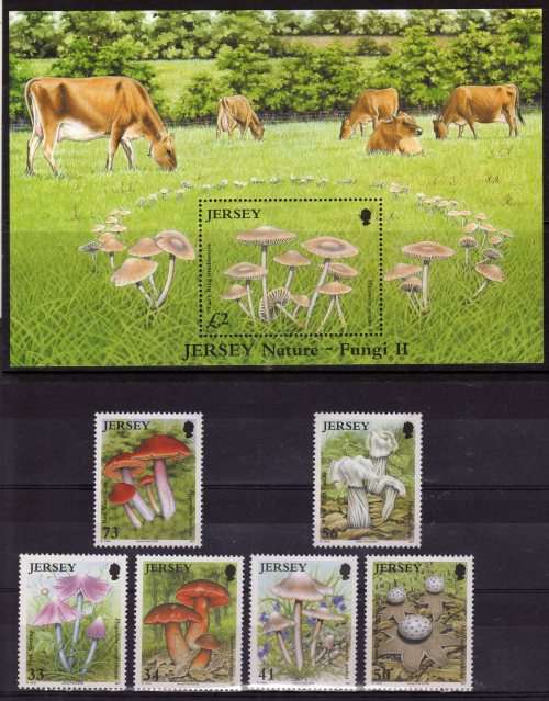 JERSEY 2005 "FUNGI" SET OF 6 & MINI SHEET UMM. SG 1240-1246. CAT 10,95 POUNDS.