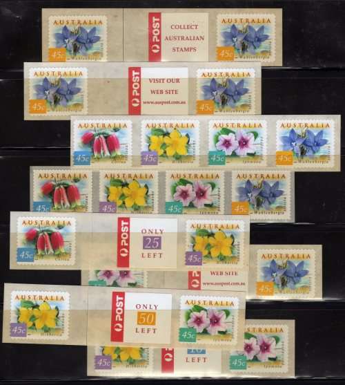 AUSTRALIA 1999 FLORA 8 SELF ADHESIVE STRIPS (20 x 45c STAMPS) UMM. SG 1854-57. CAT 10 POUNDS.
