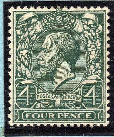 GREAT BRITAIN 1924-26 KGV DEFIN 4d GREY-GREEN UMM. SG 424. CAT 28 POUNDS.