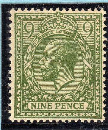 GREAT BRITAIN 1924-26 KGV DEFIN 9d OLIVE GREEN  LMM. SG 427. CAT 12 POUNDS.