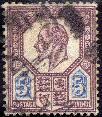 GREAT BRITAIN 1911-13 DEFIN 5d DEEP DULL REDDISH PURPLE AND BRIGHT BLUE FU. SG 294. CAT 20 POUNDS