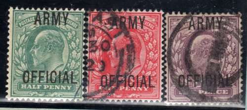 GREAT BRITAIN 1902-3 KEVII ARMY OFFICIAL SET OF 3 VFU. SG O48-O50. CAT 85 POUNDS.