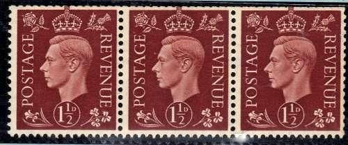 GREAT BRITAIN 1937 DEFIN 1,5d RED-BROWN STRIP OF 3 WITH INV W/MARK UMM. SG 464 WI. CAT 45 POUNDS.