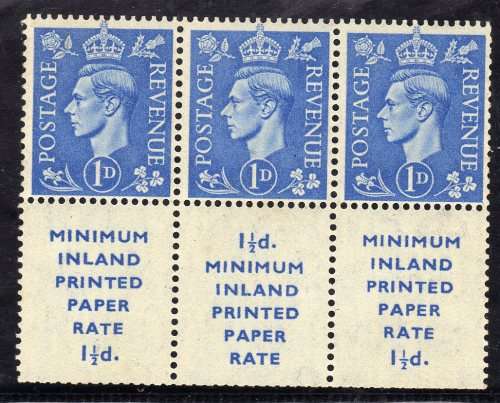 GREAT BRITAIN 1950-52 DEFIN 1d LIGHT ULTRAMARINE BOOKLET PANE UMM. SG 504d. CAT 18 POUNDS.