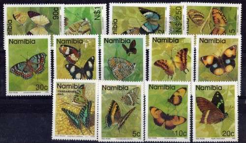 NAMIBIA 1993 "BUTTERFLIES" DEFIN SET OF 14 UMM. SG 623-635 & 648. CAT 6,60 POUNDS.