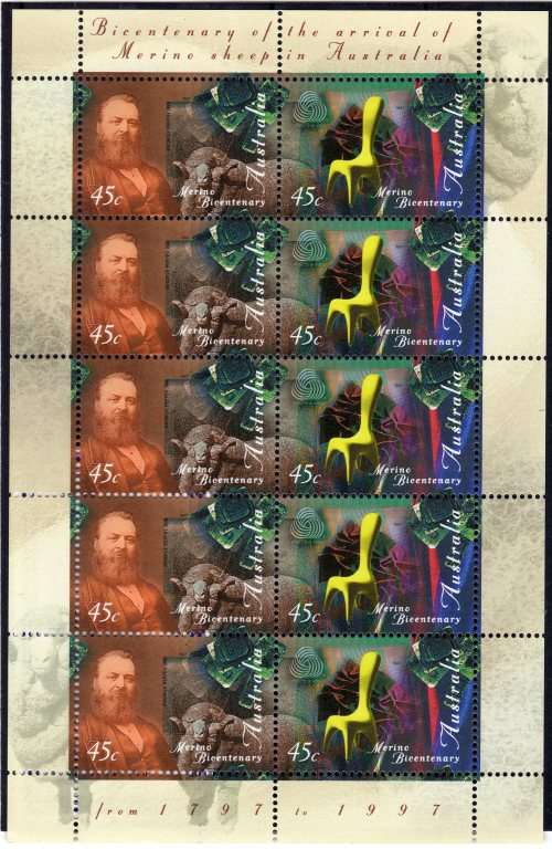 AUSTRALIA 1997 "BICENT OF MERINO SHEEP IN AUST" SET OF 2 IN SHEET OF 10 UMM. SG 1702-3. CAT 7 POUNDS