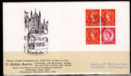 GREAT BRITAIN 1963 HOLIDAY BOOKLET PANE ON COMMEMORATIVE COVER. SG 570M ON COVER. CAT 9 POUNDS.