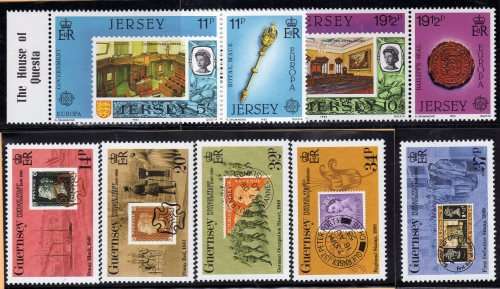 STAMPS ON STAMPS 2 SETS UMM. (1) GUERNSEY SG 490-94. (2) JERSEY 1983 SG 310-313. CAT 5,80 POUNDS.