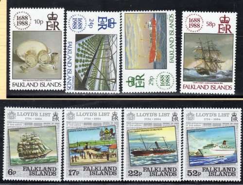 FALKLAND ISLANDS 2 SETS OF 4 UMM  LLOYD'S LIST SG 484-7 & LLOYD'S TERCENT SG 563-6. CAT 7,30 GBP.