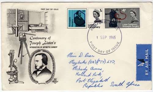 GREAT BRITAIN 1965 "JOSEPH LISTER CENT" SET OF 2 (ORD) ON FDC VFU. SG 667-668. CAT 12 GBP.