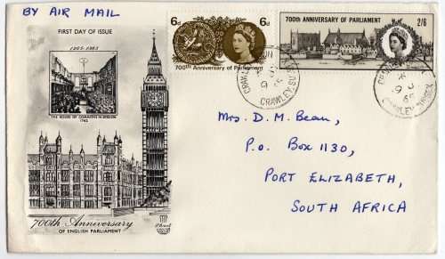 GREAT BRITAIN 1965 "700TH ANNIV OF SIMON DE MONTFORT'S PARLIAMENT" SET ON FDC. SG 663-4. CAT 15 GBP.