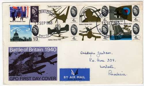 GREAT BRITAIN 1965 "25TH ANNIV BATTLE OF BRITAIN" ORD SET OF 8 ON FDC. SG 671-678. CAT 25 POUNDS.