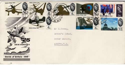 GREAT BRITAIN 1965 "25TH ANNIV BATTLE OF BRITAIN" PHOSPHOR SET OF 8 ON FDC. SG 671-678. CAT 28 GBP.