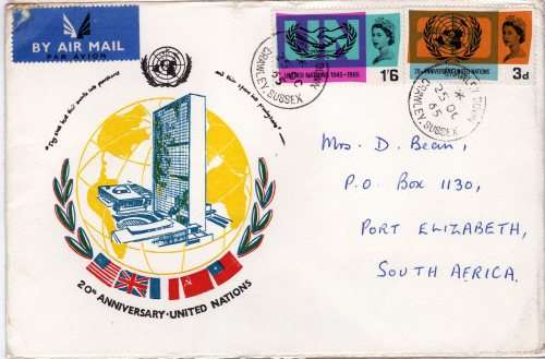GREAT BRITAIN 1965 "20TH ANNIV OF U.N.O." SET OF 2 (ORD) ON FDC. SG 681-2. CAT 12 GBP.