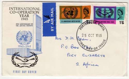GREAT BRITAIN 1965 "20TH ANNIV OF U.N.O." SET OF 2 (ORD) ON FDC. SG 681-2. CAT 12 GBP.