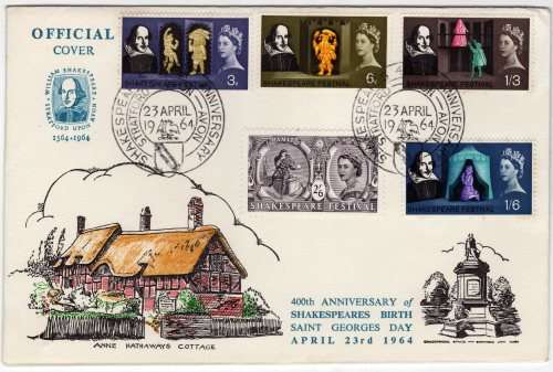 GREAT BRITAIN 1964 "SHAKESPEARE FESTIVAL" SET OF 5 (ORD) ON FDC. SG 646-650. CAT 15 POUNDS.