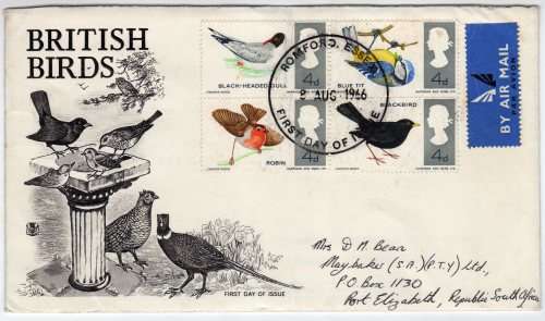 GREAT BRITAIN 1966 "BIRDS" BLOCK/SET OF 4 (ORD) ON FDC. SG 698-699. CAT 8 GBP.