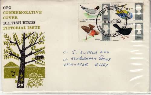 GREAT BRITAIN 1966 "BIRDS" BLOCK/SET OF 4 (ORD) ON FDC. SG 698-699. CAT 8 GBP.