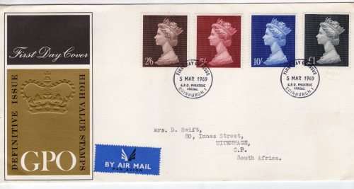 GREAT BRITAIN 1969 MACHIN HIGH VALUE SET OF 4 ON CLEAN FDC. SG 787-90. CAT 9,50 POUNDS.