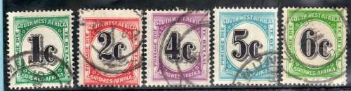 SOUTH WEST AFRICA 1961 POSTAGE DUE PART SET OF 5 VFU BUT 5c SOME SHORT PERFS. SACC 56-60. CAT R455.