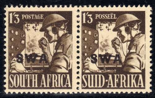 SOUTH WEST AFRICA 1943 LARGE WAR ADDITIONAL 1/3d OLIVE BROWN PAIR LMM. SACC 158. CAT R200.