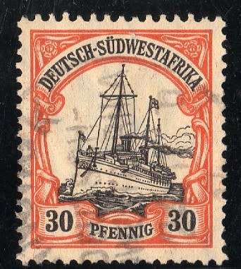GERMAN SOUTH WEST AFRICA 1906 YACHT DEFIN 30pf VFU. WMK LOZENGES. SACC 30. MICHEL 28. CAT 65 EURO.