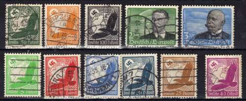 GERMANY 1934 AIR SET OF 11 VFU EXCEPT 3DM 2 PULLED PERFS TOP LEFT. SG 526-536. CAT 107 GBP.