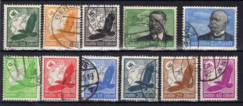 GERMANY 1934 AIR SET OF 11 VFU EXCEPT 3DM FAULTY (NOT PRICED). SG 526-536. CAT 47 GBP.