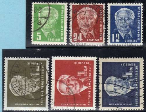 GERMANY EAST 1950 PESIDENT PLECK SET OF 6 VFU. SG E68-E14. (SIMPLIFIED) CAT 23.60 POUNDS.