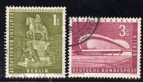 GERMANY BERLIN 1956 DEFIN TWO HIGH VALUES VFU. SG B146-B146a. CAT 26.25 POUNDS.