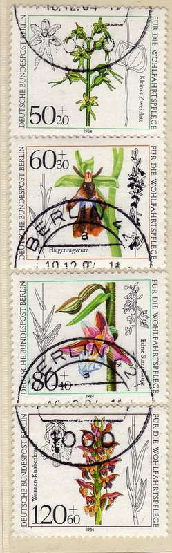 GERMANY BERLIN 1984 "ORCHIDS" SET OF 4 VFU. SG  B686-B689. CAT 11,75 POUNDS.
