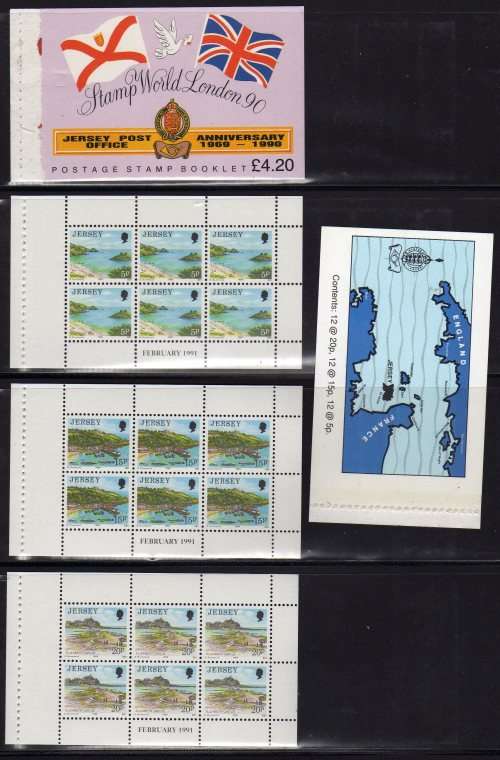 JERSEY 1991 "STAMP WORLD LONDON 90" BOOKLET PANES PLUS COVERS. SG 471, 475 & 480. CAT 6 POUNDS.