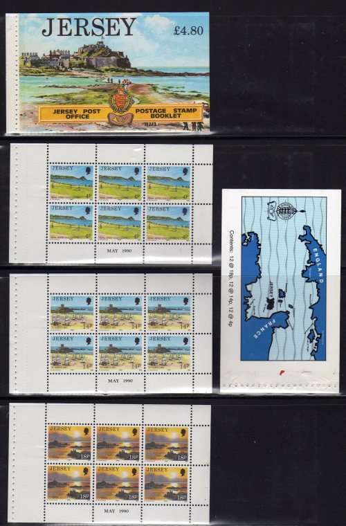 JERSEY 1990 BOOKLET PANES PLUS COVERS. SG 470, 474 & 476. CAT 6,30 POUNDS.