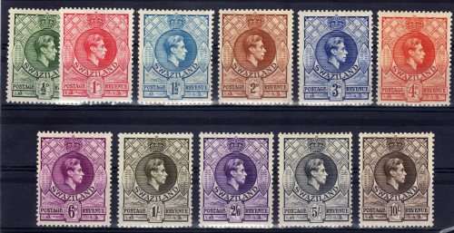 SWAZILAND 1938 KGVI DEFIN SET OF 11 SCARCE PERF 13,5 x 13 VERY FINE LMM. SACC 27/37. CAT R5225 UMM.