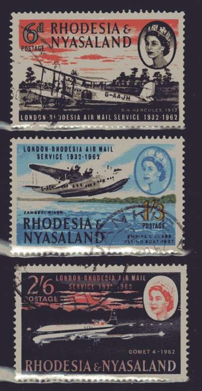 RHODESIA & NYASALAND 1962 AIRMAIL ANNIV SET OF 3 V.F.U. SG 40 - 42. CAT 7 POUNDS.(2018)