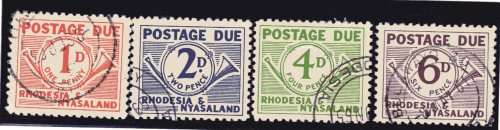 RHODESIA & NYASALAND 1961 POSTAGE DUE SET OF 4 VFU. SACC 3-6. CAT R500.